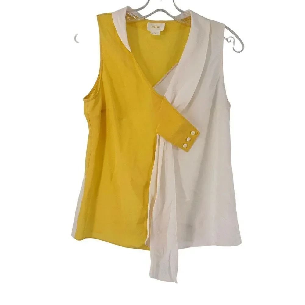 Anthropologie Maeve Silk Top Size 6 Yellow White Draped Asymmetric V Neck Retro